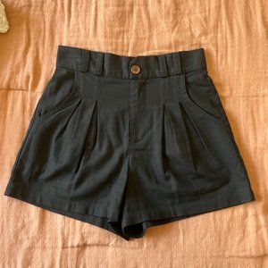 Black Linen Blend High Waist Shorts w/ Button and Zipper